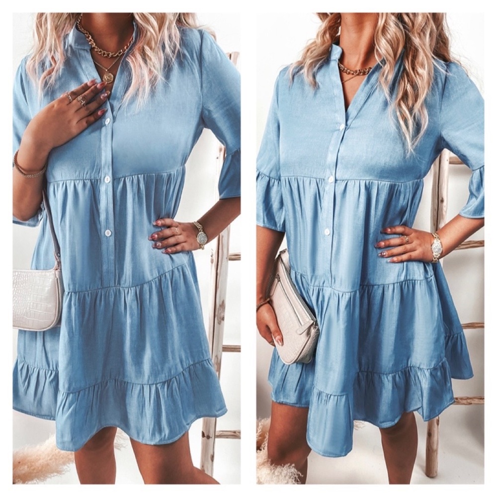 NWT Chambray Blue Butterfly Button Front Tiered Flounced Mini Dress XL X-Large